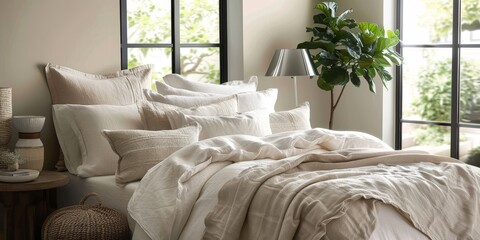 Poster - Luxury bedding set with high-thread-count linens, styled in a cozy bedroom scene, emphasizing comfort and premium quality