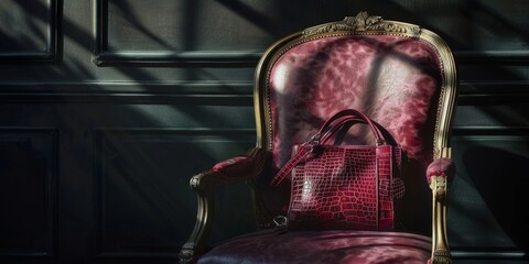 Poster - Luxury handbag on a designer chair, with soft shadows and highlights enhancing the texture and craftsmanship of the accessory