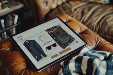 stylish tablet interface for online shopping with fashionable items on contemporary coffee table