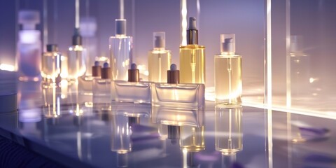 Aufkleber - Luxury skincare bottles arranged on a reflective surface, with soft lighting enhancing the product’s allure and high-end appeal