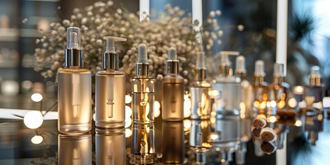 Aufkleber - Luxury skincare bottles arranged on a reflective surface, with soft lighting enhancing the product’s allure and high-end appeal
