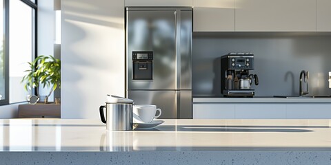 Aufkleber - Modern kitchen appliance in a sleek, stainless steel finish, set against a bright, minimalist kitchen background, showcasing practicality and design