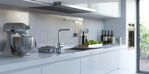Aufkleber - Modern kitchen appliance in a sleek, stainless steel finish, set against a bright, minimalist kitchen background, showcasing practicality and design