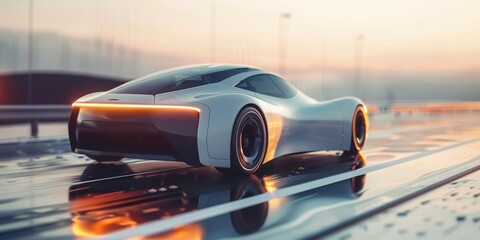 Aufkleber - Sleek electric car model on a futuristic road backdrop, showcasing the innovative design and eco-friendly features of modern vehicles