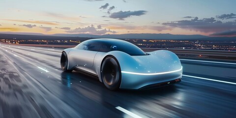 Aufkleber - Sleek electric car model on a futuristic road backdrop, showcasing the innovative design and eco-friendly features of modern vehicles