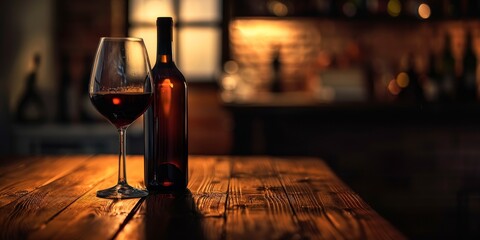 Aufkleber - Sophisticated wine bottle and glass set on a wooden table, with moody lighting creating an elegant and inviting atmosphere