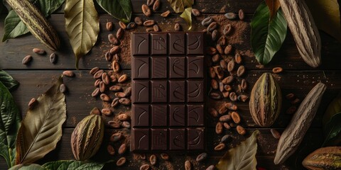 Aufkleber - Artisanal chocolate bars arranged with cocoa beans and leaves, captured to evoke the rich, decadent experience of gourmet products