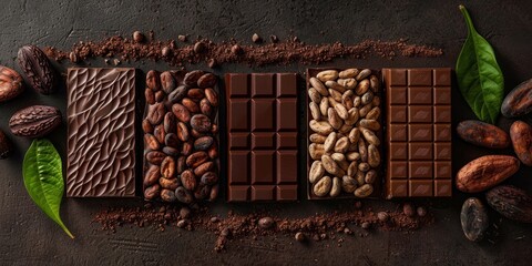 Aufkleber - Artisanal chocolate bars arranged with cocoa beans and leaves, captured to evoke the rich, decadent experience of gourmet products