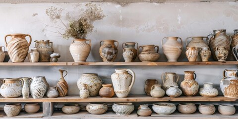 Aufkleber - Artisanal pottery pieces arranged on a rustic shelf, highlighting the unique craftsmanship and artistic value of handmade products