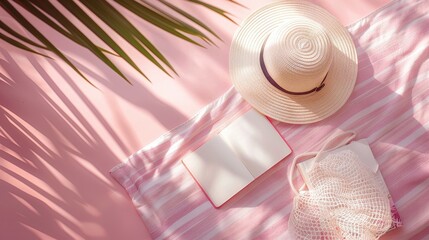 Sticker - Top view summer beach concept with sun hat book cosmetics in mesh bag on striped towel pastel pink background palm leaf shadow Lifestyle pale pink flat lay