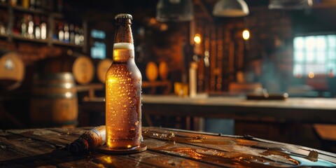Aufkleber - Craft beer bottle with condensation, set against a rustic pub scene, capturing the refreshing appeal and artisanal craftsmanship of the product
