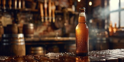 Aufkleber - Craft beer bottle with condensation, set against a rustic pub scene, capturing the refreshing appeal and artisanal craftsmanship of the product