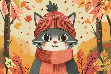 Wall Mural - Cute Cartoon Cat in a Fall Autumn Forest Wearing a Hat and Scarf