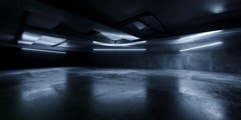 Wall Mural - Grunge Sci Fi Concrete Background Cyber Clean Empty Studio Tunnel Corridor Dark Cement Asphalt Light Glow Parking Hangar Warehouse Underground 3D Rendering