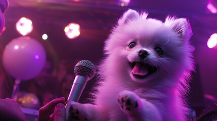 Canvas Print - a small white dog holding a microphone in front of a person