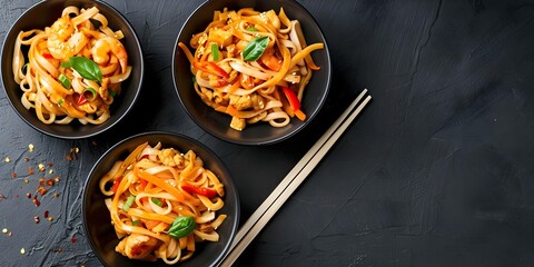 Poster - Overhead shot of two bowls of classic Chinese stir fry noodles. Concept Food Photography, Asian Cuisine, Noodle Dish, Overhead Shot, Food Styling