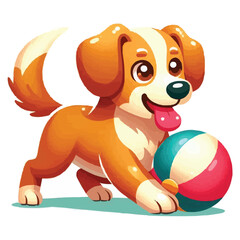 Dog playing with a ball vector illustration  isolated on white background, bright colorful , cartoon style