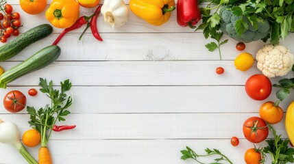 Sticker - Assortment of garden fresh vegetables on white wooden background Healthy eating concept Ample space for text Flat lay style Profile view