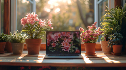 In a cozy room, a laptop takes center stage, interior of the house, blur effect in the backgraund