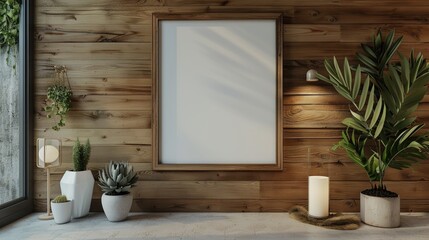 Canvas Print - Elegant interior with empty frame succulent houseplant and wooden wall