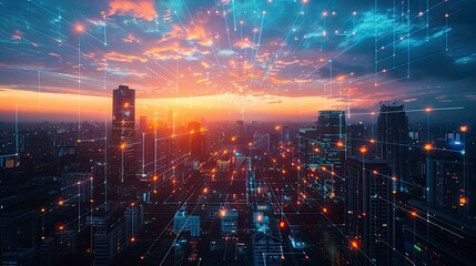 Wall Mural - a city skyline at dusk with illuminated buildings showcasing advanced urban data management systems