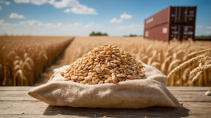 Wheat export concept. Wheat, grains, cereal in linen sack after harvest ready for export with shipping containers in the background. Agricultural business and trade