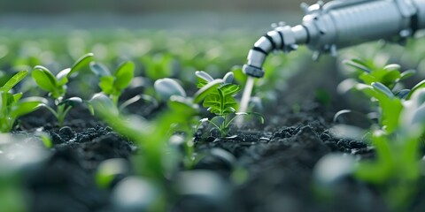 Wall Mural - Advancements in Agriculture Futuristic Robot Farmers Utilize Artificial Irrigation for Crop Harvesting. Concept Agricultural Technology, Futuristic Farming, Artificial Irrigation, Crop Harvesting