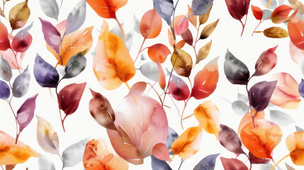 Wall Mural - Colorful watercolor autumn leaves seamless pattern on white background