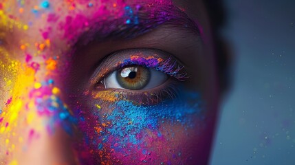 close-up of a human eye surrounded by vibrant, colorful powder showcasing creativity, art, and the b