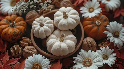 Canvas Print - flat lay composition,white decorative pumpkins fall decor walnuts flowers on dark red table top view autumn fall thanksgiving day concept