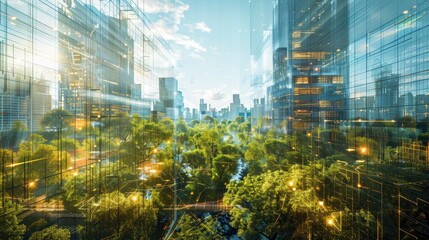 Wall Mural - augmented reality interface displaying virtual tours of sustainable architecture in urban settings