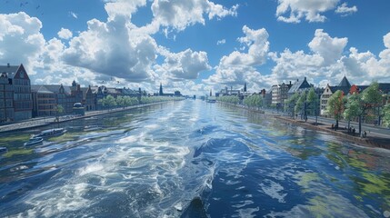 Wall Mural - virtual reality simulation of a city waterfront with interactive flood prevention measures