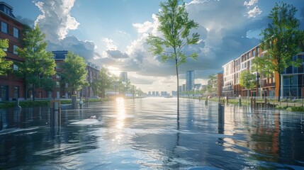 Wall Mural - virtual reality simulation of a city waterfront with interactive flood prevention measures