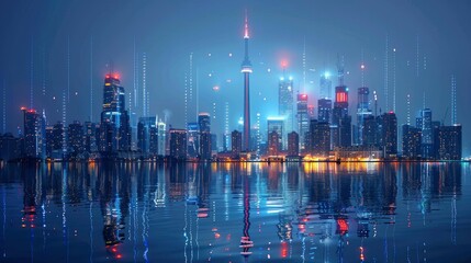 Wall Mural - futuristic city skyline with digital overlays indicating real-time energy usage and conservation eff