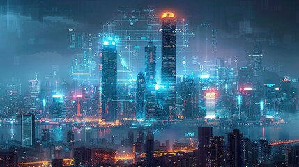 Wall Mural - futuristic city skyline with digital overlays indicating real-time energy usage and conservation eff