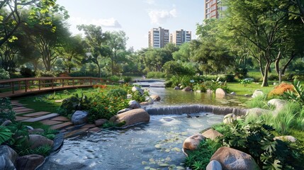 Wall Mural - virtual reality simulation of a city park with interactive wildlife conservation exhibits