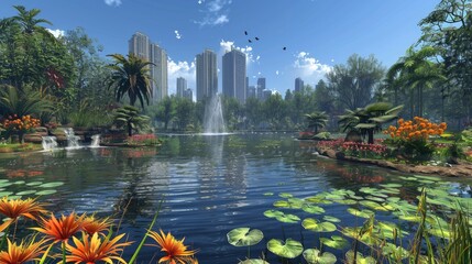 Wall Mural - virtual reality simulation of a city park with interactive wildlife conservation exhibits
