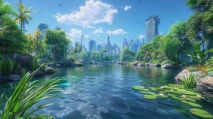 Wall Mural - virtual reality simulation of a city park with interactive wildlife conservation exhibits