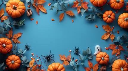 Canvas Print - halloween flat lay composition,orange pumpkins ghosts spiders bats on blue background happy halloween holiday greeting card mockup flat lay top view copy space