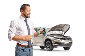 Sticker - Businessman cleaning a dipstick for engine oil check of a SUV