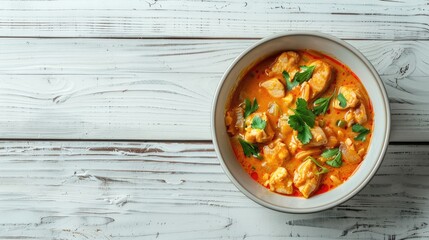 Sticker - Overhead shot of tasty chicken curry in a bowl on a light wooden surface with room for text