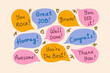 © Natalie Bartush - Set of speech bubbles with compliments, congratulations, positive affirmations. Praise for good job or other achievement.