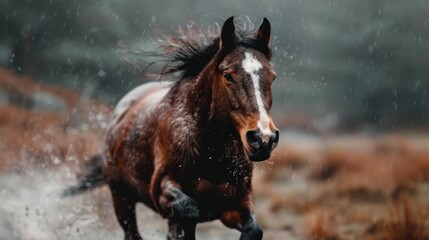 A stunning moment of a horse braving the elements, running through the rain, combining a sense of freedom and raw beauty against a blurred, natural background.