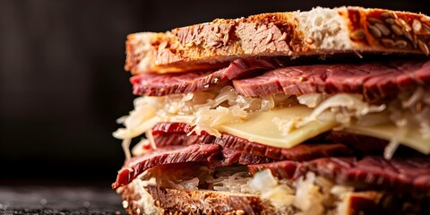 Wall Mural - Capturing the Layers of a Reuben Sandwich Corned Beef and Sauerkraut Up Close. Concept Food Photography, Sandwich Presentation, Delicious Details