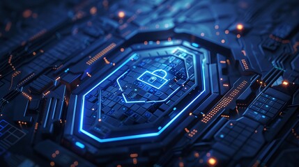 Fototapete - A blue and orange computer chip with a lock symbol on it