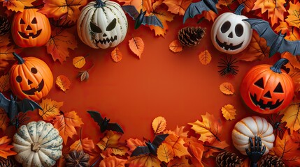 Wall Mural - happy halloween concept flat lay composition,bats ghost pumpkins skeleton hands fallen leaves on orange background