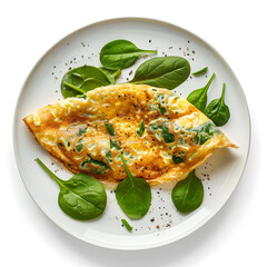 Wall Mural - Top view of egg omelette with spinach served on white plate isolated on a white background