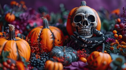 Poster - happy halloween holiday composition,pumpkins,skeleton hand on violet background flat lay top view copy space