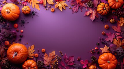 Canvas Print - happy halloween holiday concept flat lay top view pumpkins skeletons bats spiders on purple background