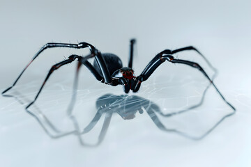 Wall Mural - Closeup of a black widow spider crawling on a white glossy surface